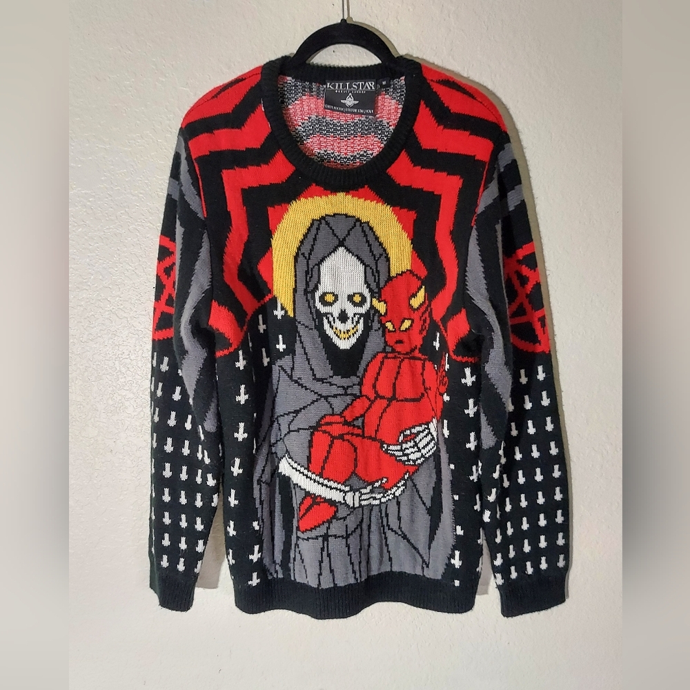 KILLSTAR Savior Baby Devil Red/Black Multi Gothic Knit Sweater Unisex Size M